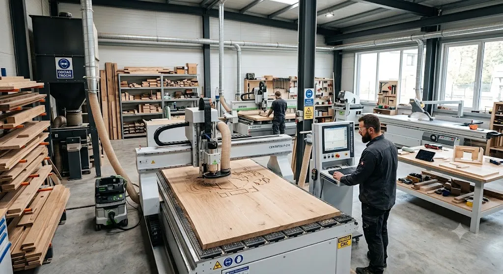 Hala produkcyjna AGMAR z maszyną CNC i stolarzem przy pracy